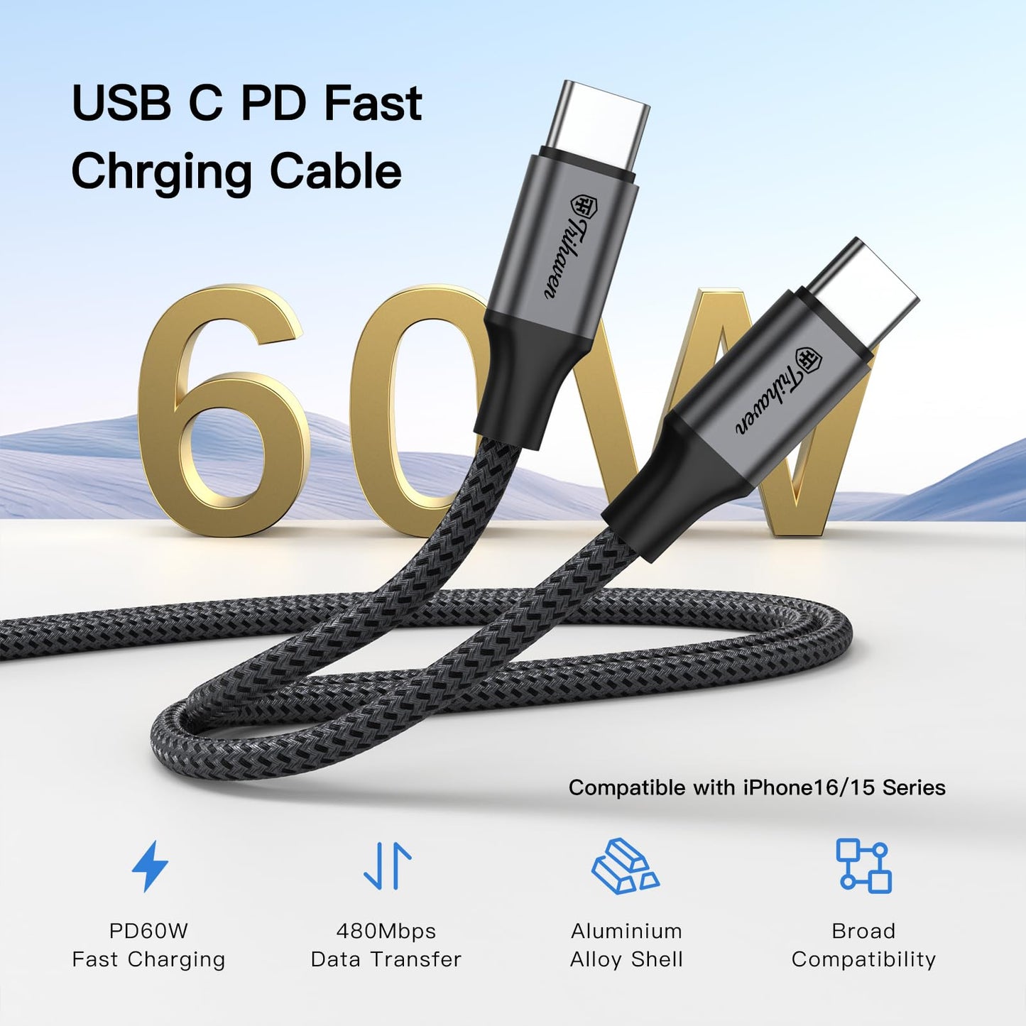 Trihaven USB-C to USB-C Fast Charging Cable – 60W PD, Nylon Braided